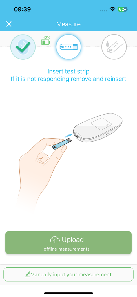 Pantalla de medición de la aplicación iHealth Gluco-Smart que ilustra cómo insertar una tira reactiva en el medidor de glucosa