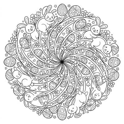 Unleash your creativity with this delightful Easter mandala coloring page, featuring an intricate swirl of playful bunnies, patterned eggs, and blossoming spring flowers. It's the perfect activity to celebrate the season and find mindful relaxation.