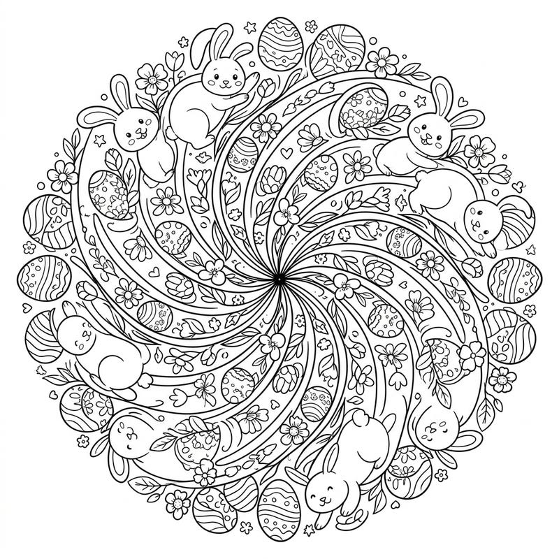 Unleash your creativity with this delightful Easter mandala coloring page, featuring an intricate swirl of playful bunnies, patterned eggs, and blossoming spring flowers. It's the perfect activity to celebrate the season and find mindful relaxation.