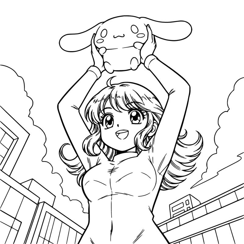 a girl is holding the cinnamoroll on their hands. she is holding the cinnamoroll with their hands raised above her head. anime style.