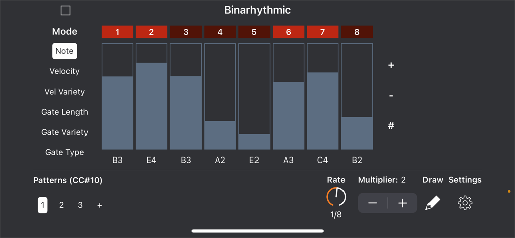 Interface do sequenciador MIDI Binarhythmic mostrando configurações de nota para oito bits binários