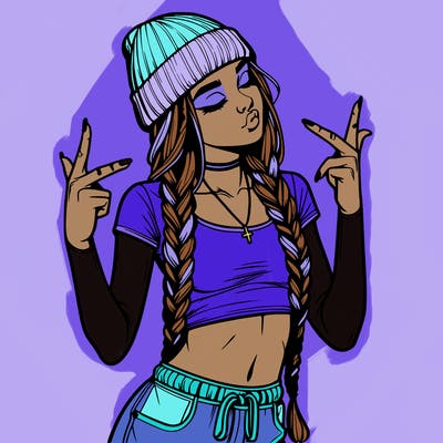 realistic teenage girl with braids and a beanie and crop top doing 🫶🏼