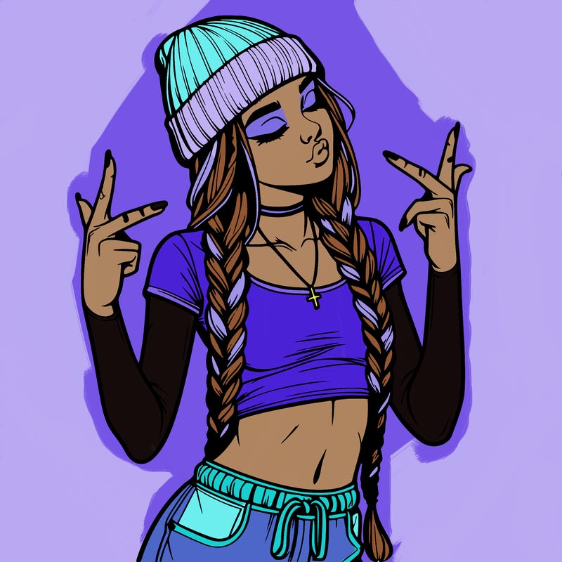 realistic teenage girl with braids and a beanie and crop top doing 🫶🏼