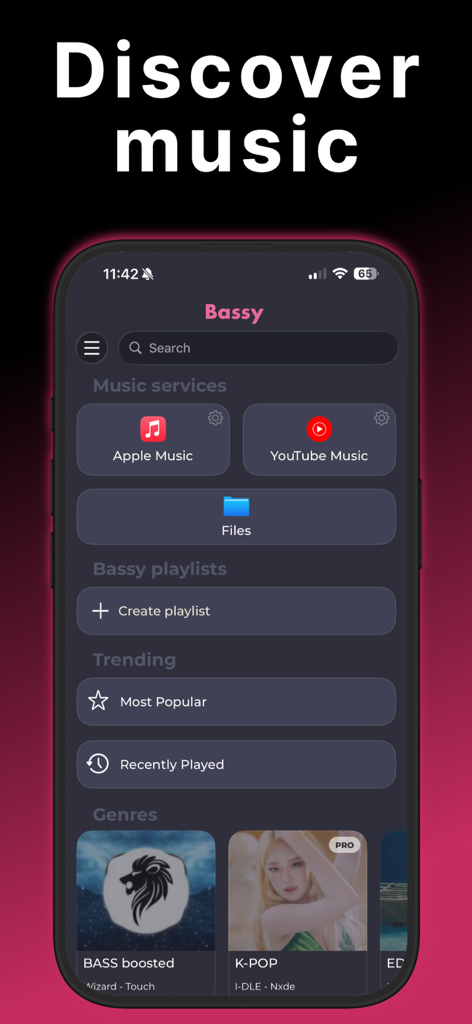 Bassy app interface showing music discovery features including trending tracks and music service integrations