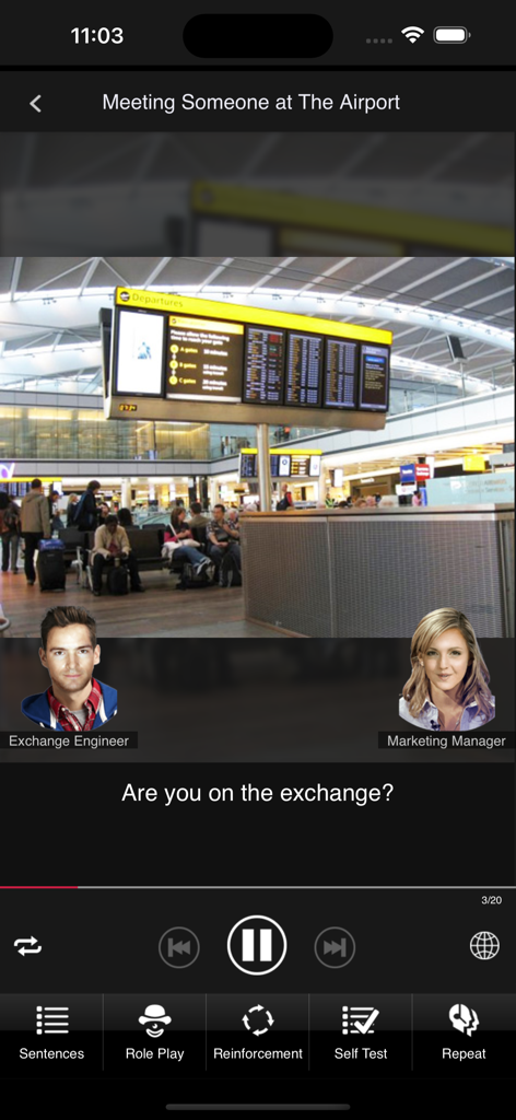 English speaking practice screen in MyET app showing a role play conversation at an airport