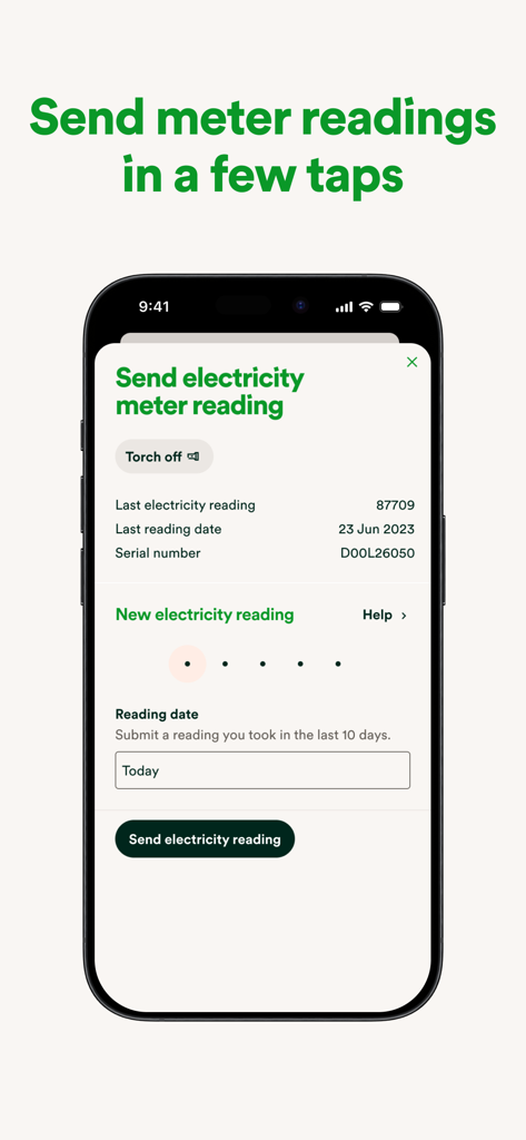 Pantalla de smartphone que muestra la interfaz de la aplicación OVO Energy para enviar una lectura del medidor de electricidad.