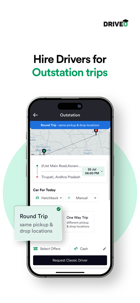 Mobile interface of DriveU app to hire drivers for outstation trips featuring round trip booking options