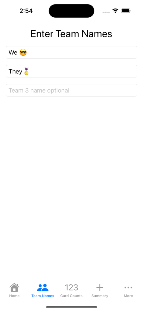 Super Samba Scoring - Pantalla para introducir nombres de equipos en la aplicación Super Samba Scoring con soporte para emojis