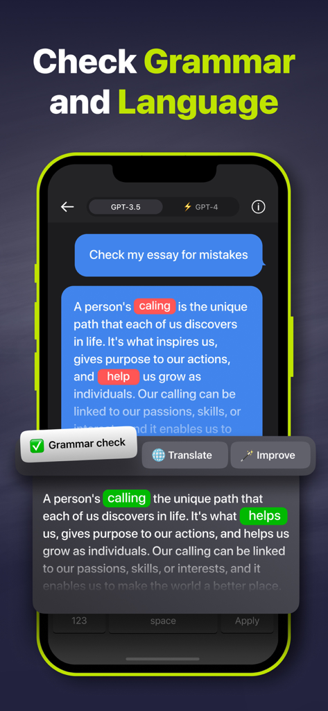 Smart Solver – AI Homework Aid - Smart Solver app interface demonstrating real-time AI grammar and language correction for student essays