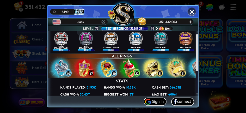 A user profile dashboard in Video Poker Multi showing player level 73, hand trophies, collectible rings, and detailed game statistics like hands won and total cash won.