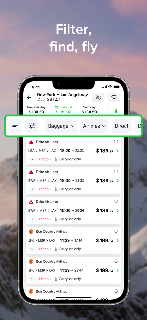 WINGIE - Book Cheap Flights - Wingieモバイルアプリのフライト検索結果。ニューヨークからロサンゼルスへのフライトオプションを価格とフィルタ情報とともに表示しています。