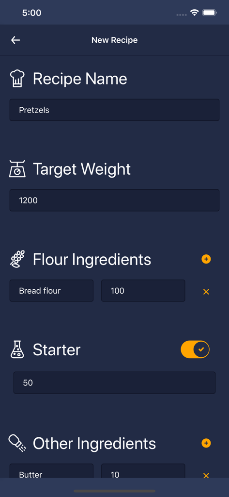 Baker Buddy - Baker Buddy app interface for creating a new pretzel recipe with ingredient percentages and target weight