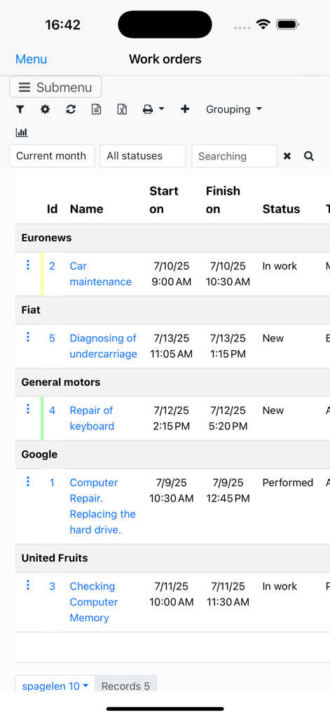 Nano Service Management - Work orders dashboard in Nano Service Management app showing a list of service requests grouped by client with status and timing information