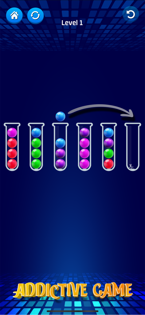 Ball Puzzle: Sort Color Balls - Juego de Ball Puzzle Sort Color Balls mostrando el nivel uno con bolas de colores moviéndose entre tubos