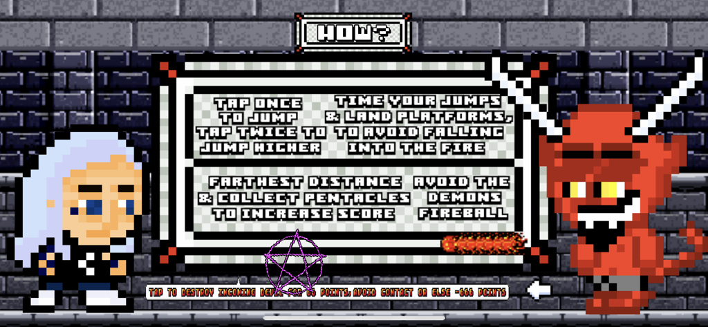 Ghostemane Pentacles - Retro 8-bit instruction screen for the Ghostemane Pentacles mobile game showing game rules and pixelated characters