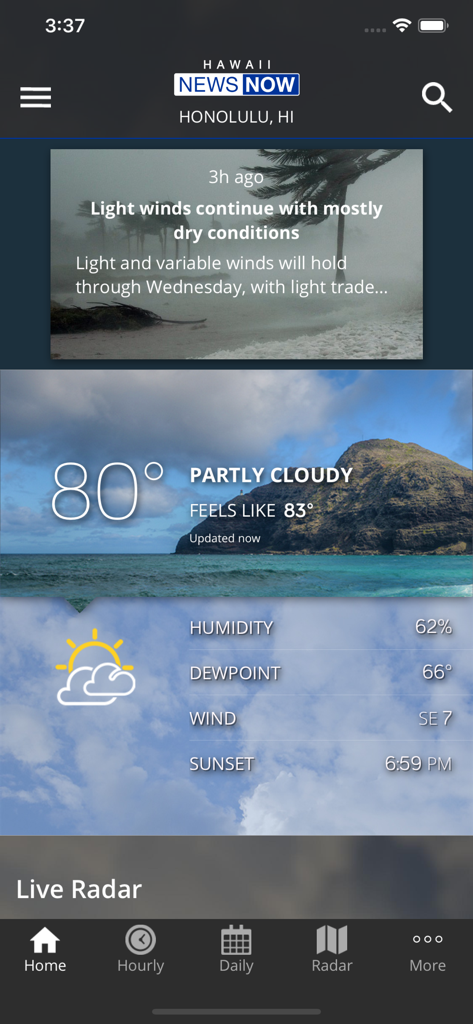 Hawaii News Now Weather - 하와이 뉴스 나우 날씨 앱이 호놀룰루의 현재 기온 및 날씨를 표시하고 있습니다