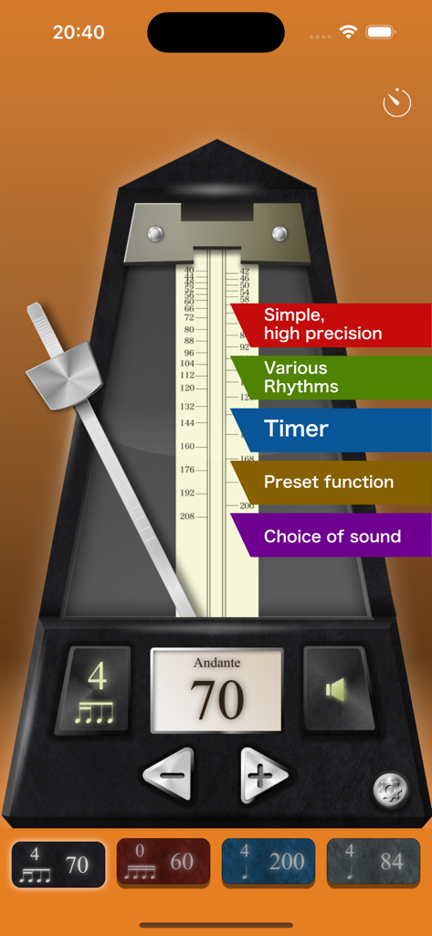 클래식한 기계식 모양과 기능 하이라이트가 있는 Piascore의 메트로놈 앱 인터페이스