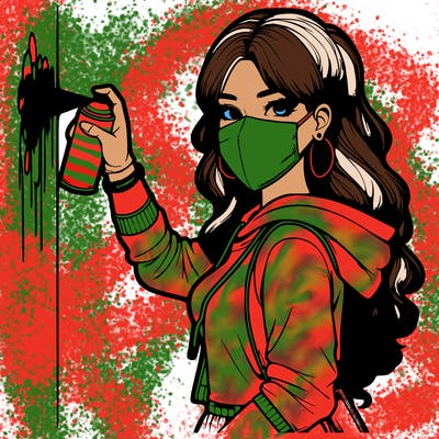 realistic girl with mask spray painting a wall