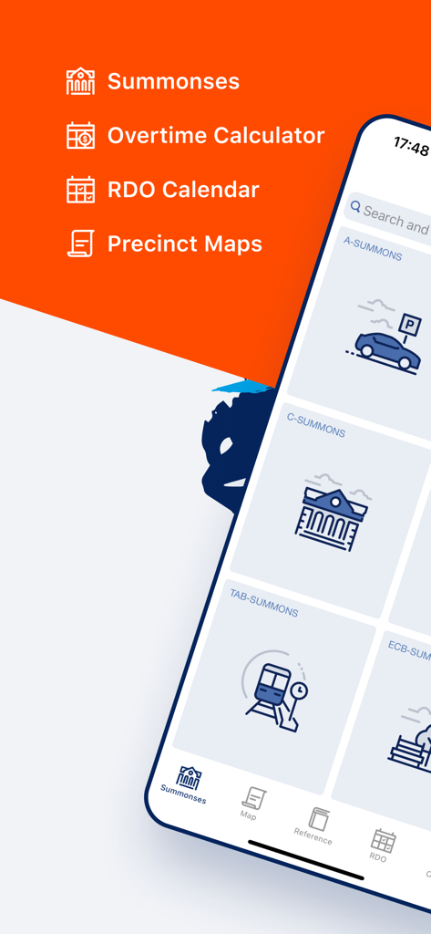 Summons Partner+ - Oberfläche der Summons Partner plus App für NYPD-Beamte mit den wichtigsten Funktionen wie Vorladungen und Überstundenrechner