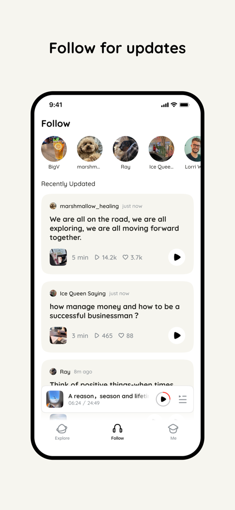 Lit Wavee: Audio Stories - Interfaz de la aplicación móvil Lit Wavee que muestra un feed de seguimiento con historias de audio actualizadas recientemente de creadores de las categorías de finanzas y compartir emociones.