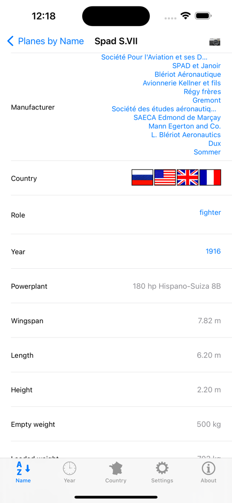 Technical data sheet for the Spad S.VII fighter aircraft in the Planes app showing wingspan and weight.