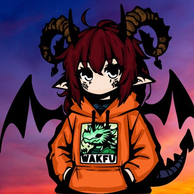 emo girl with dragon horns wearing a hoodie that says wakfu