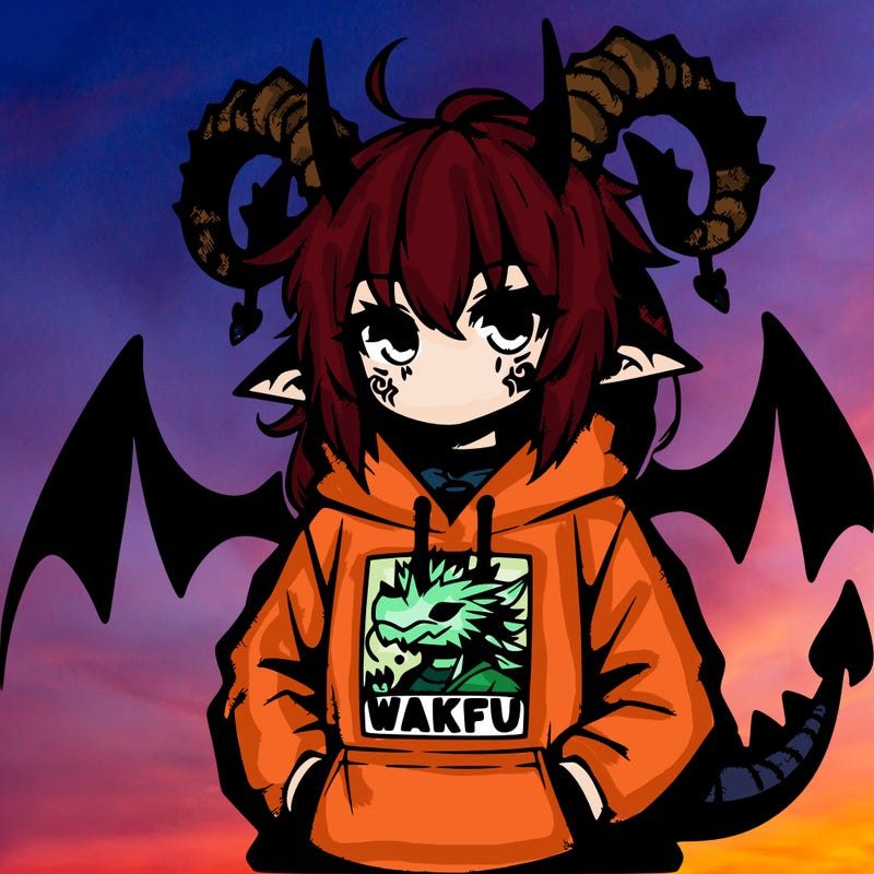 emo girl with dragon horns wearing a hoodie that says wakfu