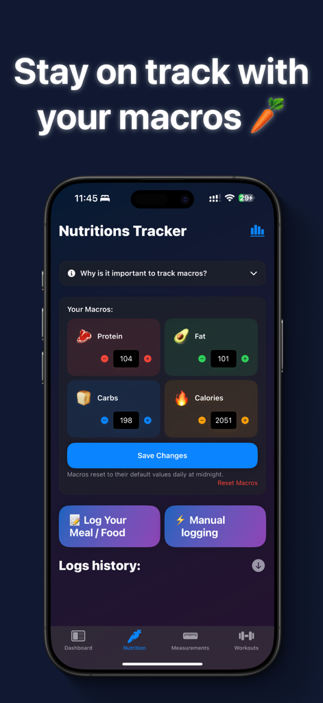Tela do rastreador de nutrição do aplicativo GymBro mostrando proteína diária, gordura, carboidratos e calorias