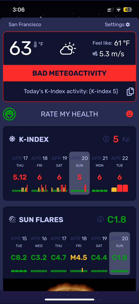 Meteoagent - Meteoagent app interface displaying K-index and sun flares monitoring data for health tracking