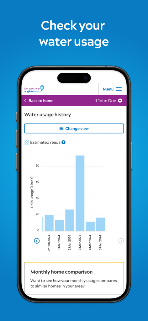 Anglian Water MyAccount - Daily water usage history bar chart in the Anglian Water MyAccount mobile app