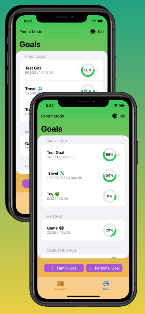 Family Piggy Bank - Interfaz de la aplicación Hucha Familiar que muestra metas de ahorro familiares y personales con porcentajes de progreso en Modo Padres