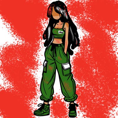 girl in baggy pants crop top and long hair