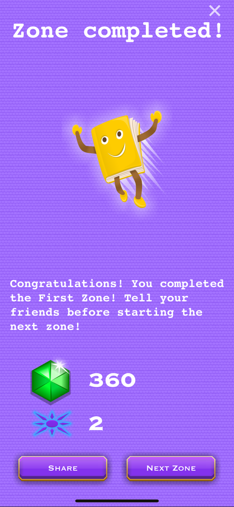 Book-Man character celebrating a completed level with score and rewards