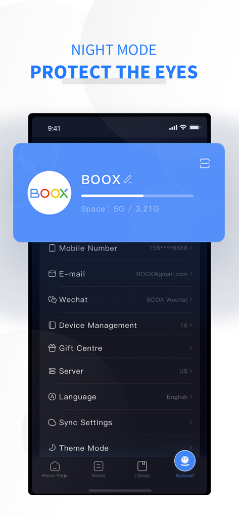 BOOX Assistant - Account settings screen of the BOOX Assistant app displayed in night mode for eye protection