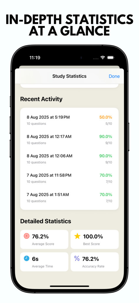 JurisNova: Legal Dictionary - A mobile screen showing study statistics and recent quiz performance in the JurisNova legal dictionary app.