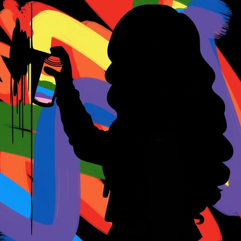 realistic girl with mask spray painting a wall