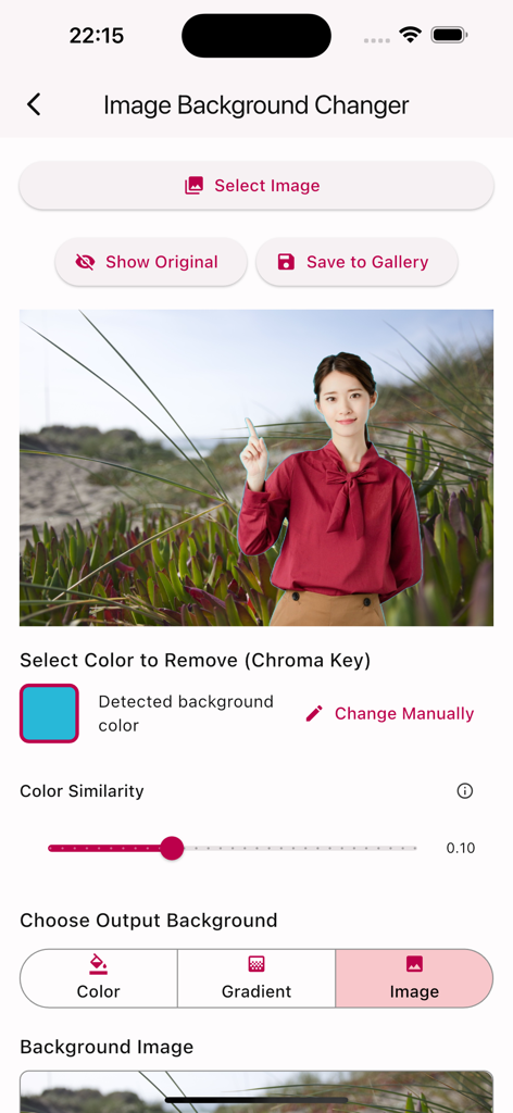 Green Screen Video Editor - グリーン背景アプリのインターフェース。画像背景削除とクロマキー設定が表示されています。
