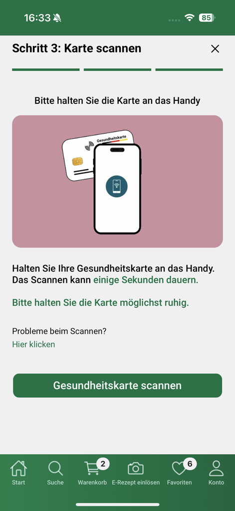 Klösterl-Apotheke - Interface showing instructions to scan a health card using a smartphone for the Kloesterl Apotheke app