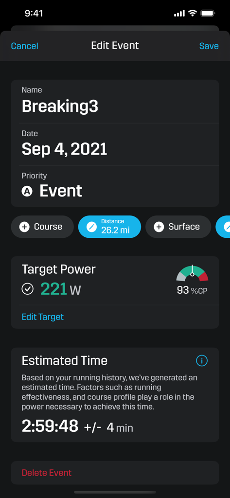 Strydアプリのレースイベント計画画面。ターゲットパワーと推定マラソンフィニッシュタイムが表示されています。