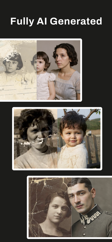 Ejemplos del antes y el después de la restauración y colorización de fotos antiguas usando IA.