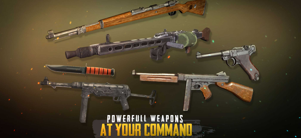 A collection of authentic World War II weapons including rifles and machine guns