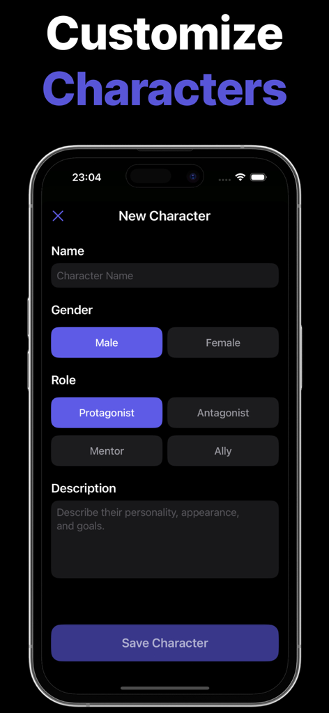 Story Generator: Novel AI - Mobile app screen for customizing story characters with options for name gender and narrative role
