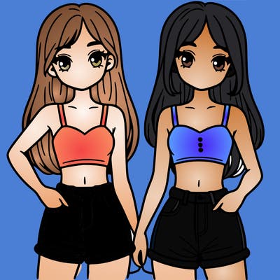 two sisters with crop tops and jean shorts and straight hair