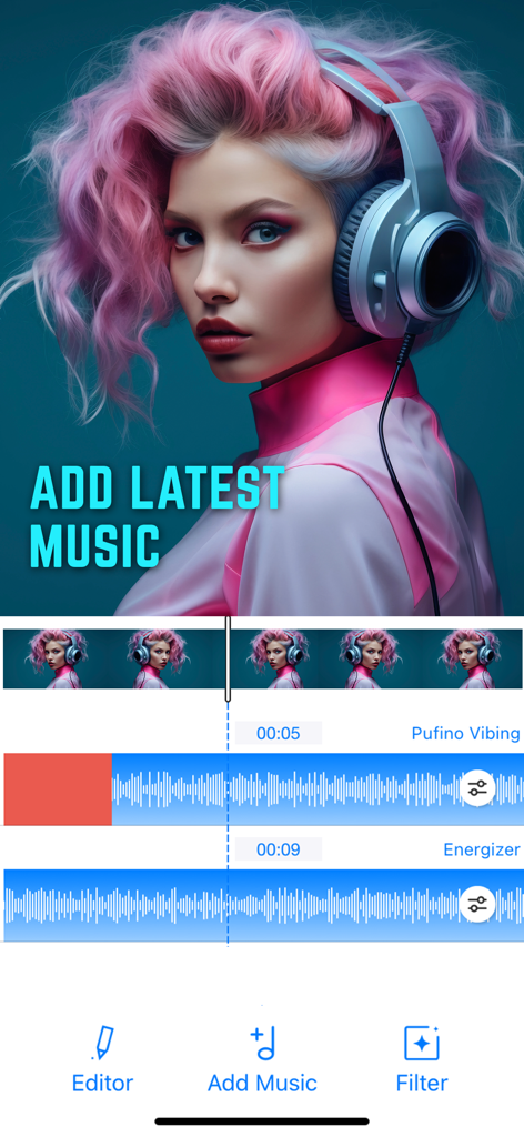 Video Saver & Player - Interface of the Video Saver and Player app showing the add music feature with multiple audio tracks