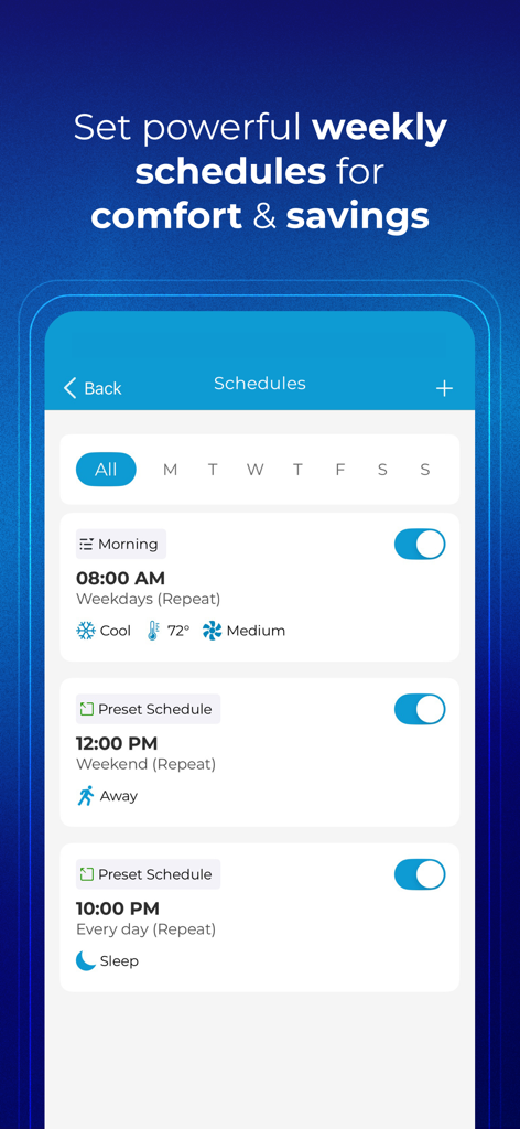 MRCOOL SmartHVAC - MRCOOL SmartHVAC app interface showing weekly schedules for automated temperature control