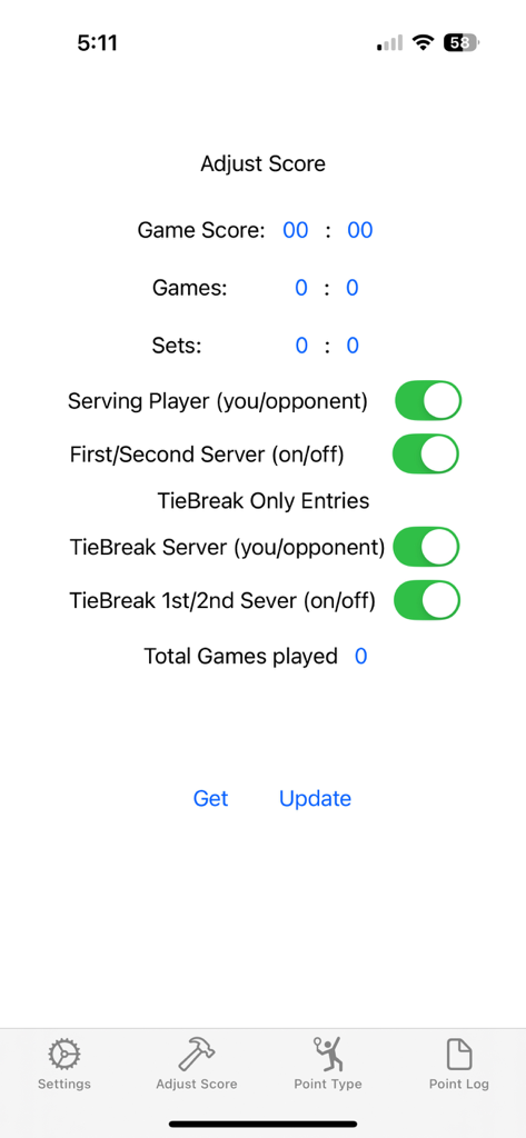 Quicktap Tennis Scorekeeper - ゲーム、セット、サーバーのトグルを備えたテニスマッチスコア調整画面。