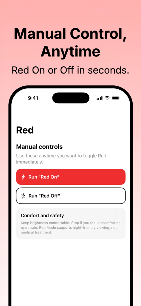 Red Mode: Red Screen Night - iPhone interface showing manual control buttons to toggle the red screen filter on and off