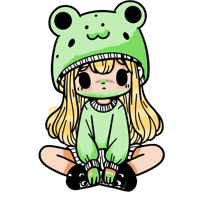 a girl wearing a frog hat and some frog socks