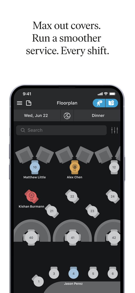Digital restaurant floorplan on the SevenRooms OS mobile app showing table assignments and guest names for seating management.