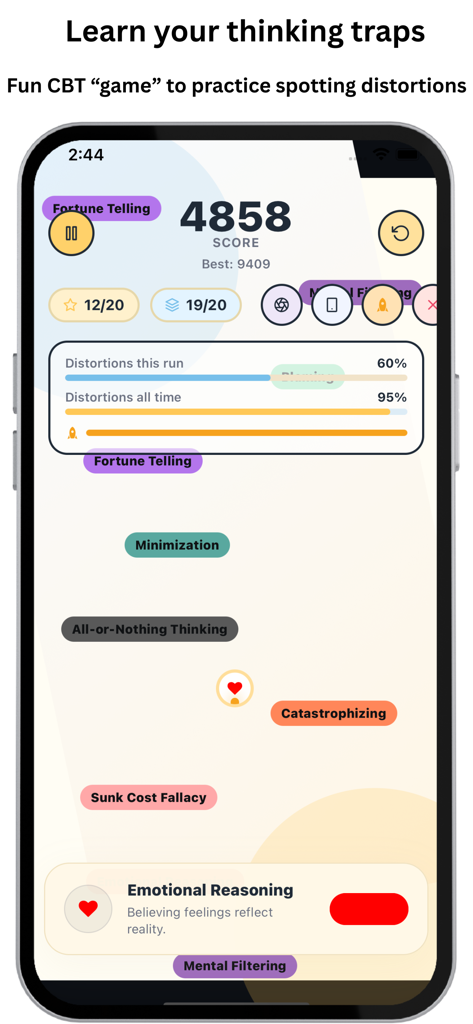 Umbrella Journal : Smart CBT - 思考の罠と認知の歪みを特定するためのCBTゲームを表示するUmbrella Journalアプリの画面